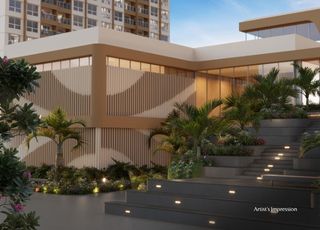Contemporary clubhouse entrance with step seating at The Reserve by Kolte Patil, Sinhgad Road, Vadgaon.