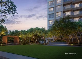 Beautifully landscaped garden illuminated at night at The Reserve by Kolte Patil, Vadgaon, Pune.