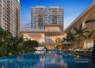 Resort-style swimming pool at dusk at The Reserve by Kolte Patil in Vadgaon, Pune.