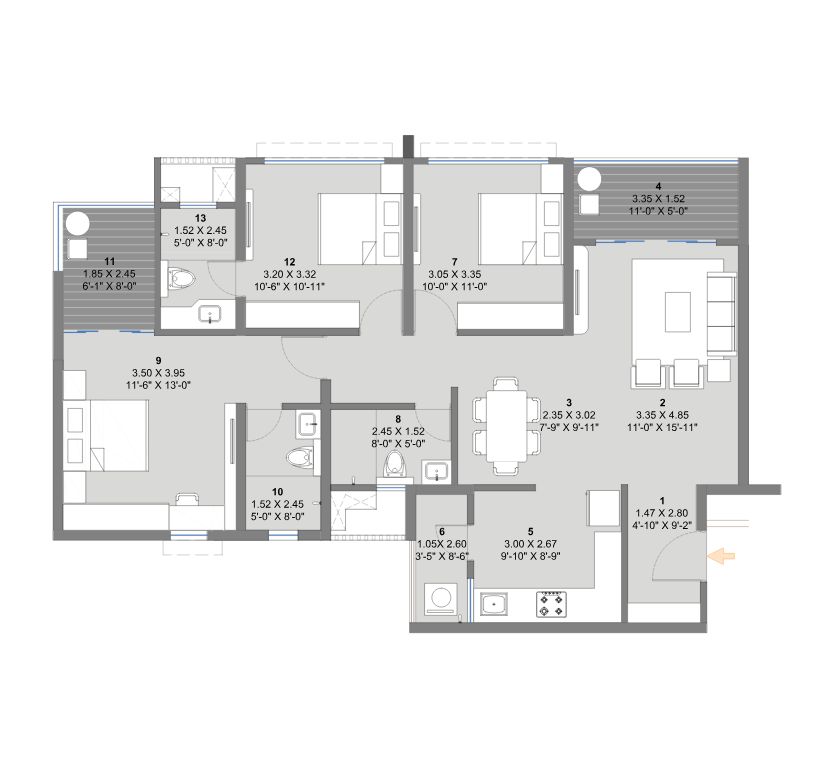 The Reserve by Kolte-Patil Tower 05 3 BHK Type 02 unit plan