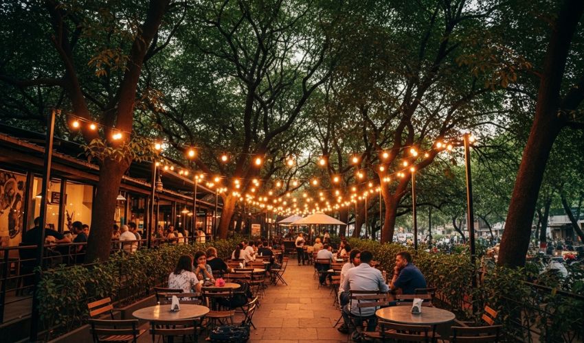 Evening café scene under fairy lights in Koregaon Park