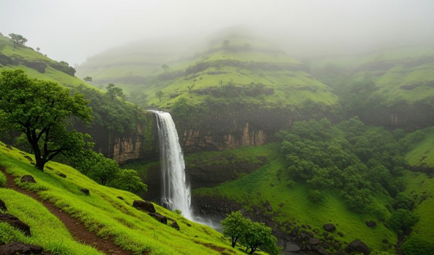 Lush waterfall at Tamhini Ghat during rainy season