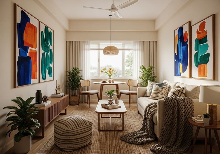 Affordable 2 BHK Pune flat with layered decor, wood furniture, and colorful wall art on neutral toned cream walls.