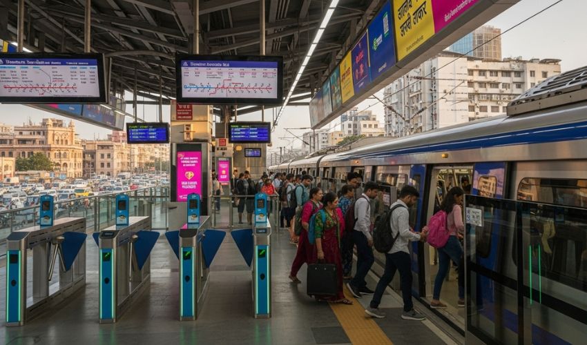 Commuters boarding Pune Metro at a smart station with digital boards and modern infrastructure.