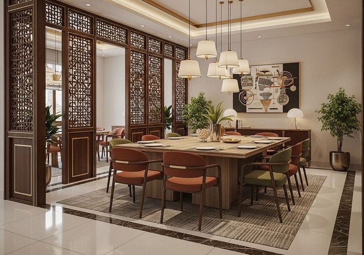 Fusion dining room in Pune with jali panels, brass decor, and modular dining furniture blending modern with tradition.