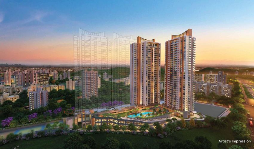 Kolte Patil smart residential project in Pune with gardens, EV charging, and solar powered lighting.