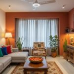 Modern Pune living room with terracotta walls, Indian carved furniture, and smart lighting for a warm, tech savvy vibe.