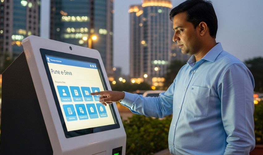 Resident using Pune Smart City e governance kiosk for quick online civic services in a modern urban setting.