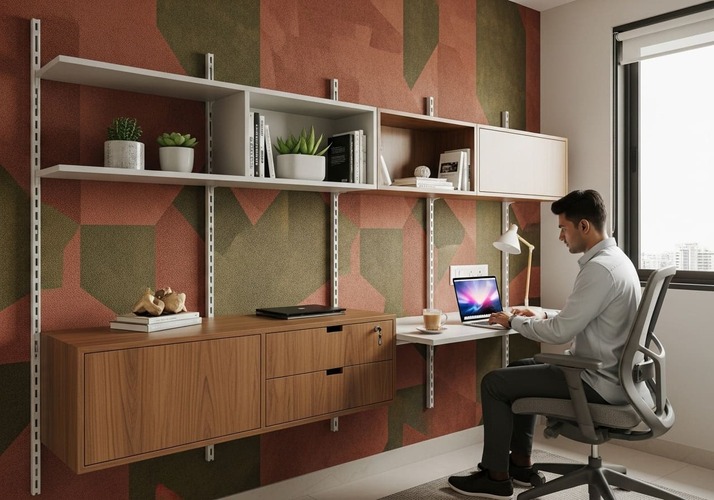 Smart home office in Pune with modular desk, tech integrations, and earthy tones for modern multifunctional living.