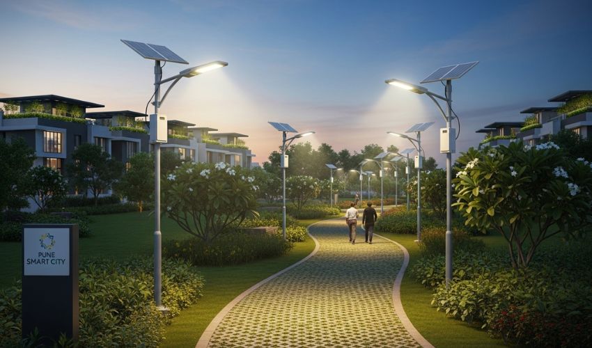 Solar powered streetlights in Pune Smart City along a landscaped park promoting green energy.