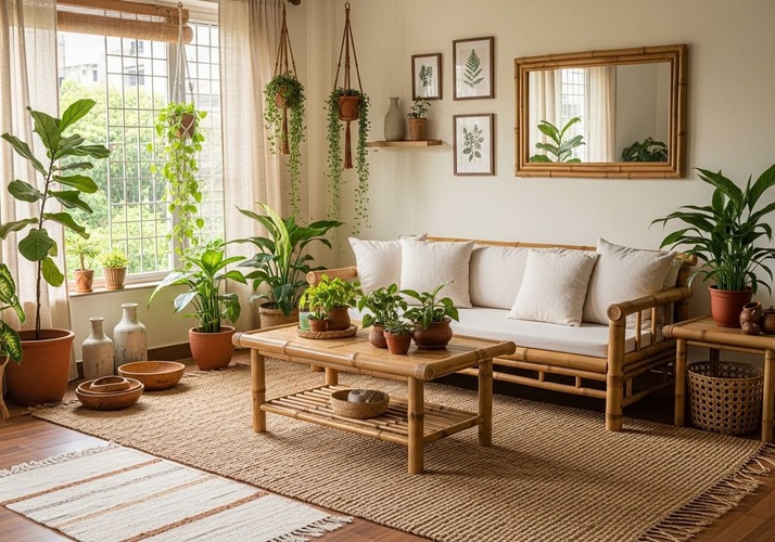 Sustainable living room in Pune with bamboo furniture, jute rug, and indoor greenery for eco friendly home interiors.