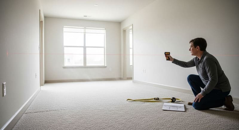 Measuring actual carpet area inside Pune flat using laser meter.