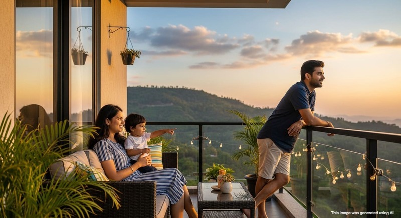 Family enjoying balcony view of hills from home in Bhugaon Pune.