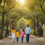 Family walking in green residential area near NIBM Road Pune.