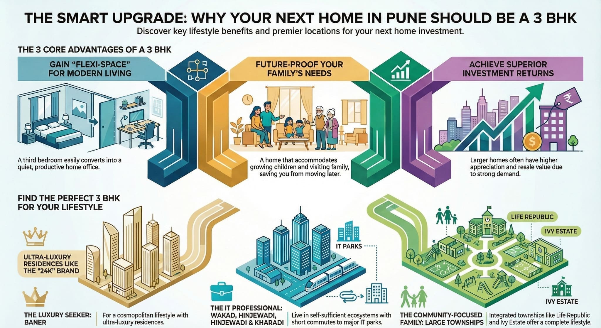 Infographic titled 'The Smart Upgrade' illustrating the advantages of 3 BHK homes in Pune, featuring lifestyle options for luxury seekers in Baner, IT professionals in Hinjewadi, and families in townships like Life Republic.