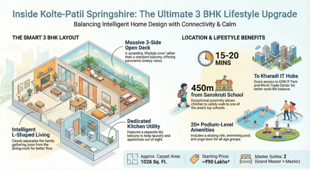 3 BHK floor plan at Kolte-Patil Springshire Wagholi showing L-shaped living, 3-side open deck, dedicated kitchen utility, smart layouts for 1028 sq ft luxury apartment in Pune.