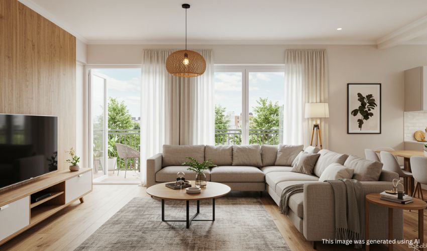 Spacious living room interior of 3 BHK flat in Wagholi with deck access.