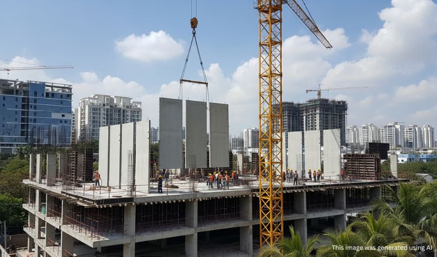 Precast concrete walls being installed at Pune real estate project.