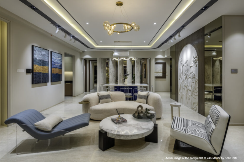 Modern interior of Kolte Patil flat in Pune with elegant, balanced color palette.