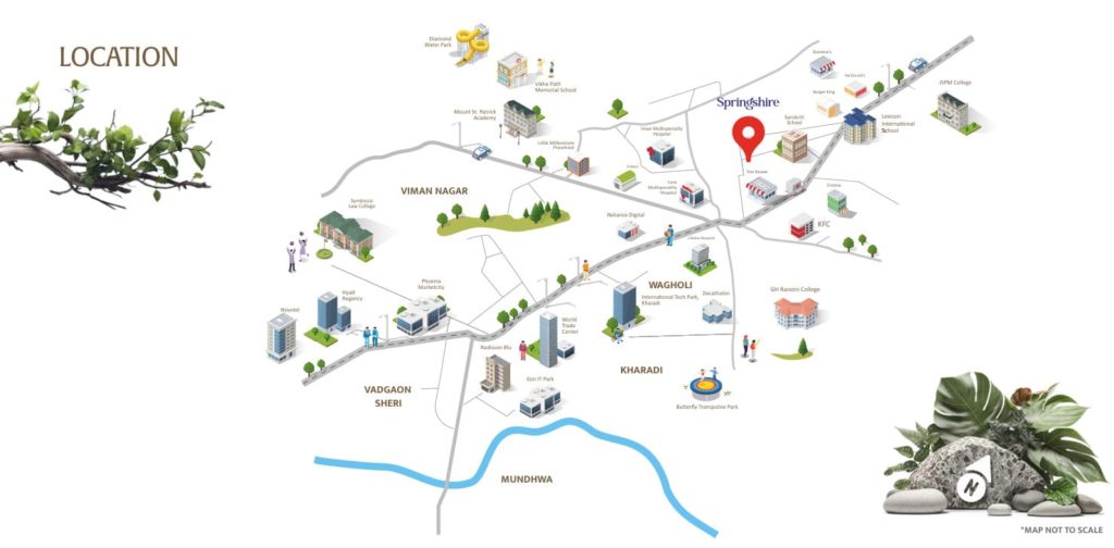 Location map of Kolte-Patil Springshire showing proximity to Kharadi IT Park, Sanskruti School, major roads, and connectivity options from Wagholi Pune.