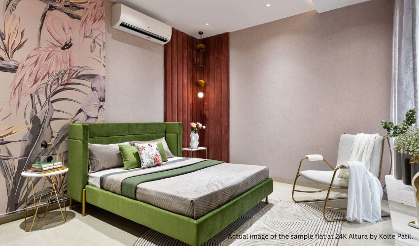 Stylish modern bedroom with green bed, flamingo wall mural, and soft pastel interiors