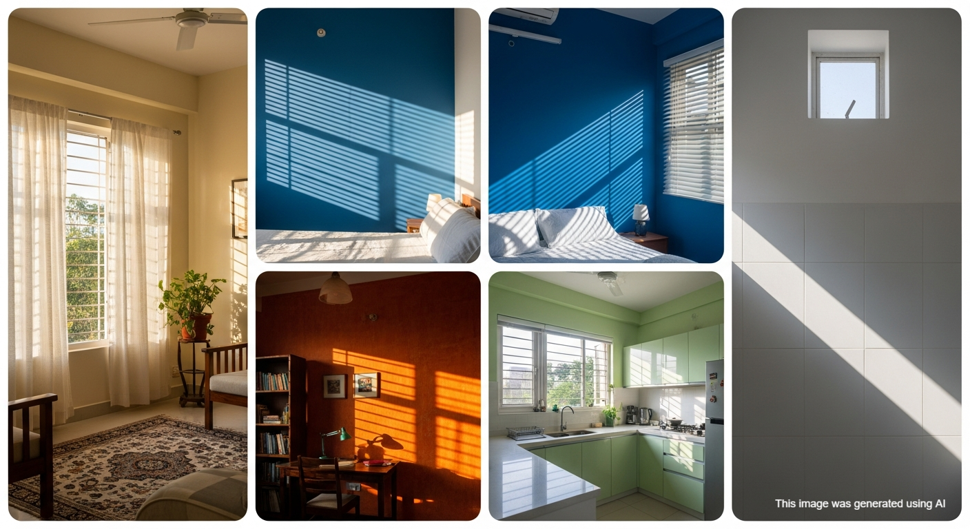 Pune home interiors showing how natural light affects warm, cool, and neutral wall colors.