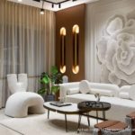 Warm-toned living room interior in a Pune apartment with terracotta and mustard accents.