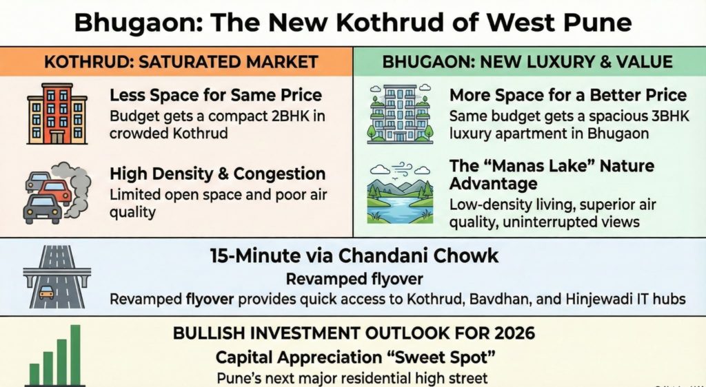 Infographic comparing property rates in Bhugaon 2026 versus Kothrud, highlighting the price advantage and larger carpet areas available in West Pune's new real estate hotspot.