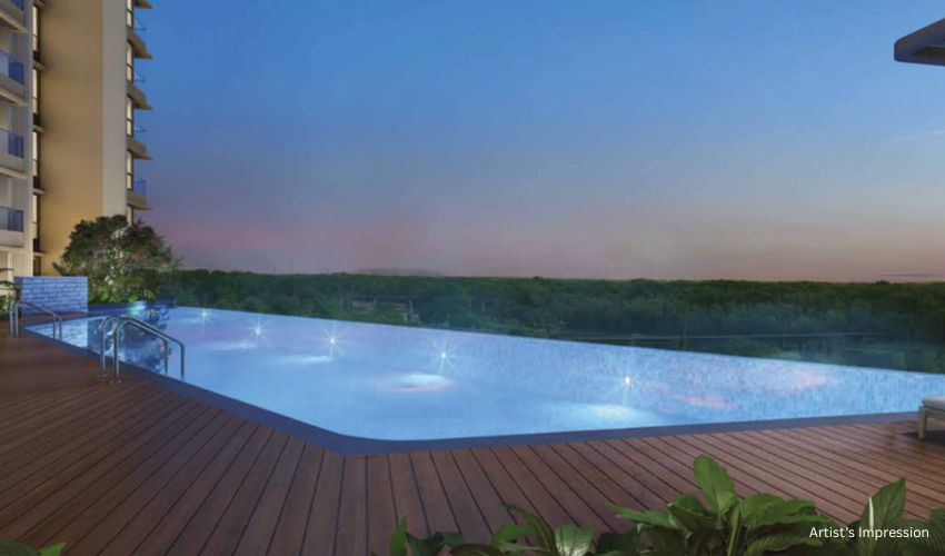 Premium gated community living in West Pune with swimming pool and hill views.