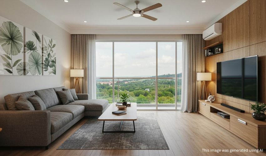 Interior of 3 BHK luxury apartment in Bhugaon with nature views and modern decor.