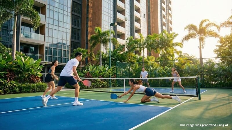 International standard Pickleball court amenities in Bangur Nagar gated community.
