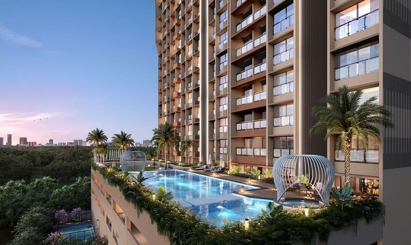 Swimming pool and sunken cabana amenities at Serenova by Kolte Patil Andheri West.