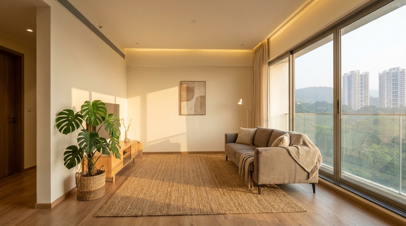 2 BHK flat in Baner, Pune — living room view from a Kolte-Patil residential project