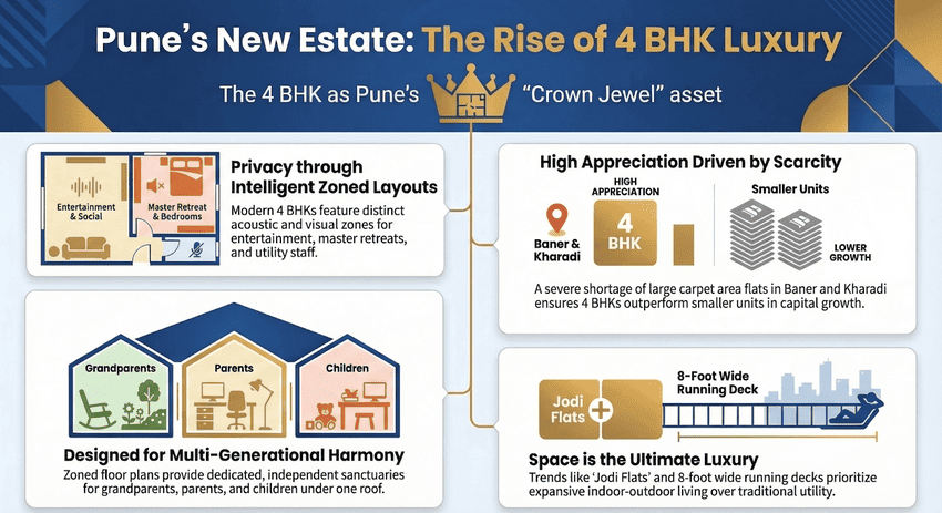 Infographic illustrating the rise of 4 BHK luxury flats in Pune, highlighting zoned layouts for multi-generational harmony, the trend of Jodi flats with wide decks, and high capital appreciation driven by the scarcity of large carpet area flats in Baner and Kharadi.