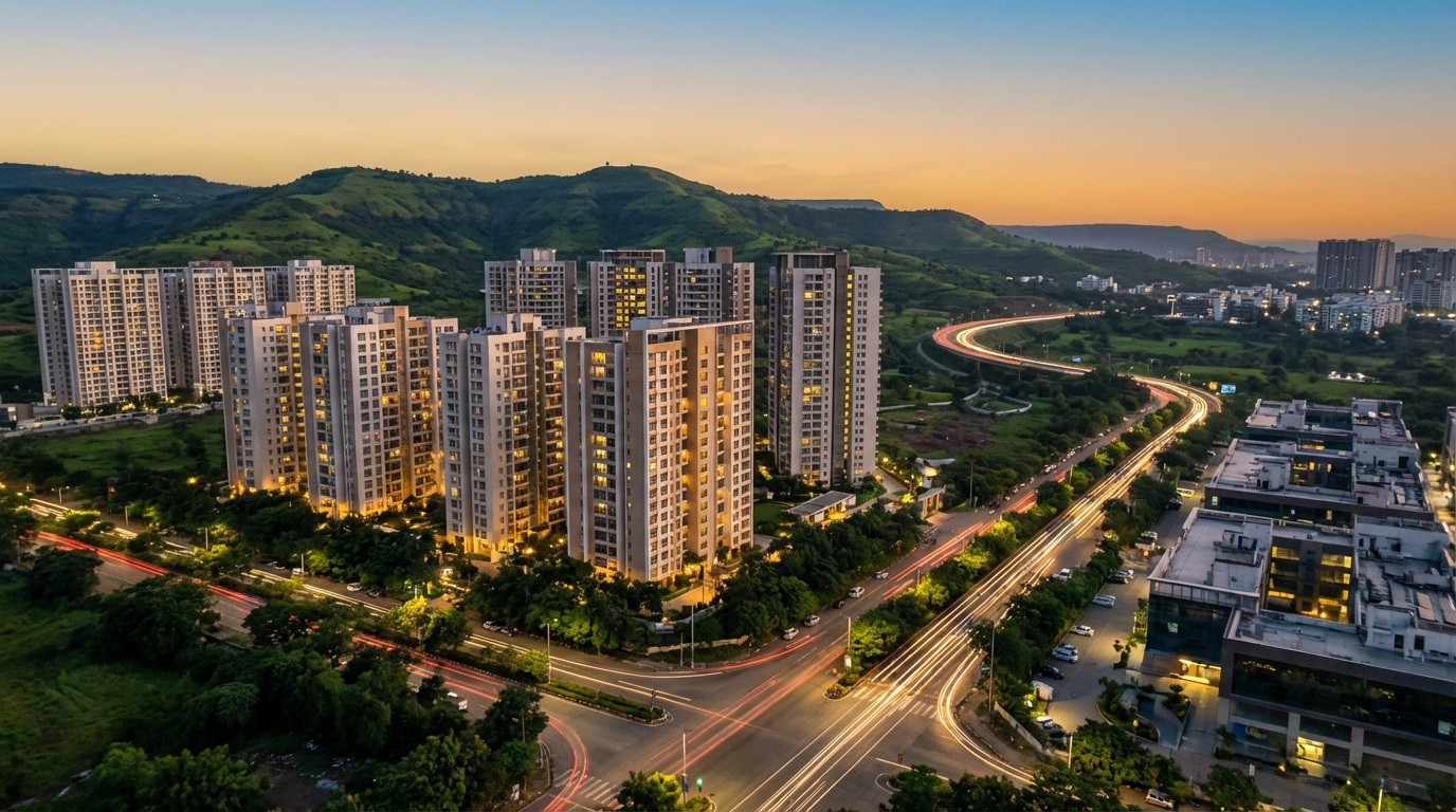 Aerial view of Baner, Pune — residential towers near Hinjewadi IT Park and Mumbai-Pune Expressway
