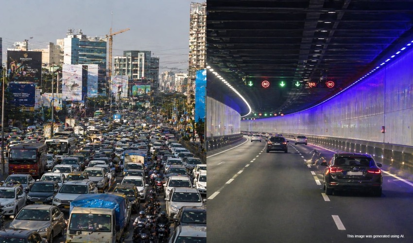 Before and after comparison showing Mumbai traffic congestion versus smooth tunnel road commute via GMLR