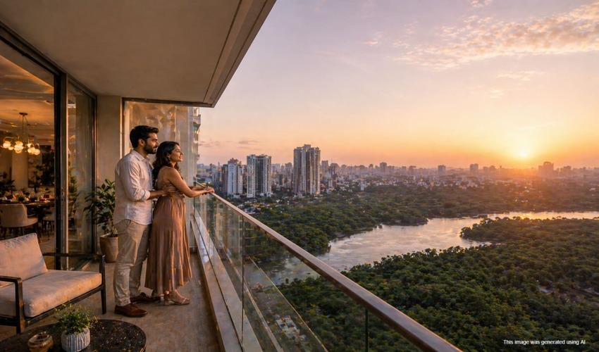 Couple enjoying creek and city skyline views from luxury apartment balcony in Goregaon West Mumbai