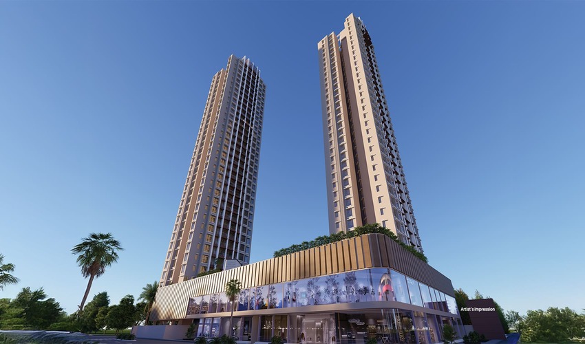Modern luxury residential tower with landscaped podium garden in Mumbai western suburbs Goregaon