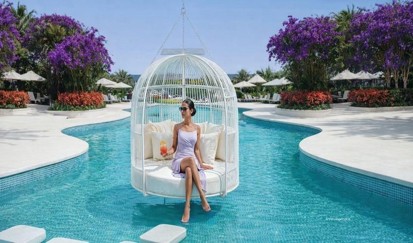 Resort-style swimming pool and deck at premium residential complex with city skyline views in Goregaon West