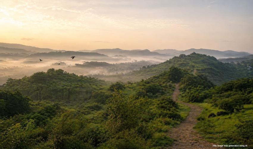 Misty green valley landscape in Bhugaon Pune with hills and nature walking trail