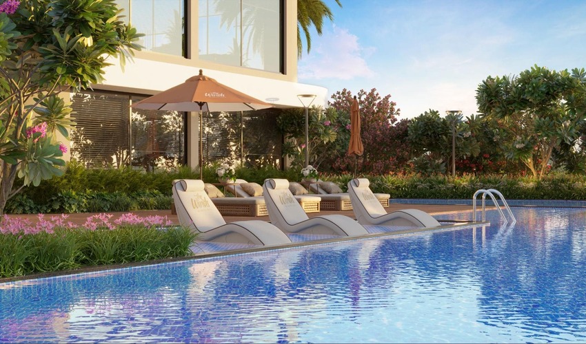 Resort-style pool and bio-pond at The Winds Kolte-Patil wellness residential community Bhugaon