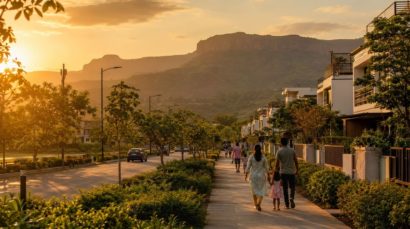 Residential neighbourhood on Sinhagad Road Pune with Sahyadri hills in golden hour light