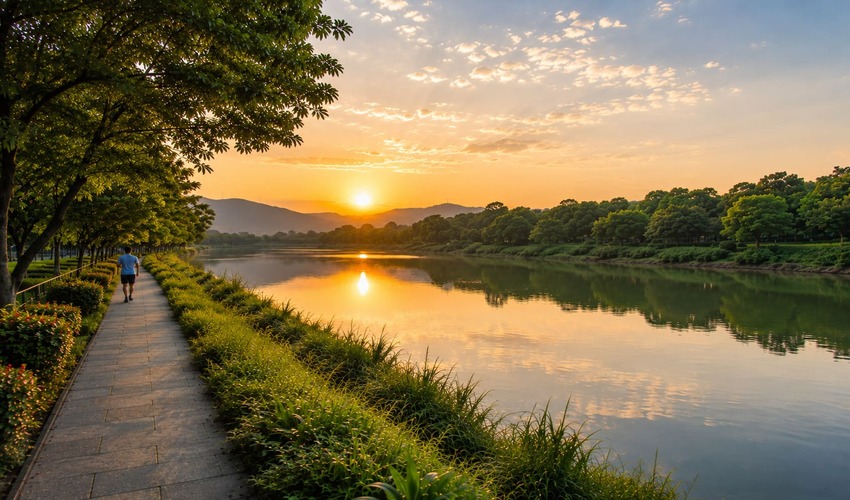 Mutha River bank near Vadgaon Pune with walking trail and residential skyline