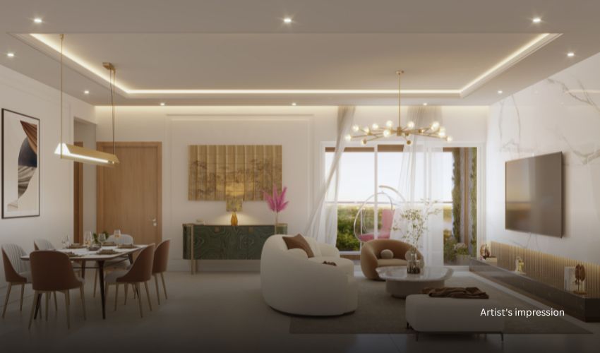 Modern 3 BHK apartment interior with hill view from window in Bhugaon Pune