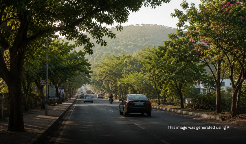 Scenic Paud Road Pune with green hills and light traffic