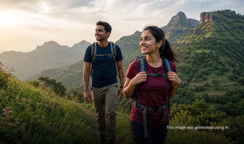 Young couple trekking on trail near Bhugaon