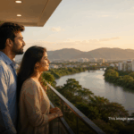 Young couple on apartment balcony overlooking hills, weighing rent vs buy decision in Pune 2026
