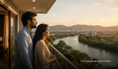 Young couple on apartment balcony overlooking hills, weighing rent vs buy decision in Pune 2026