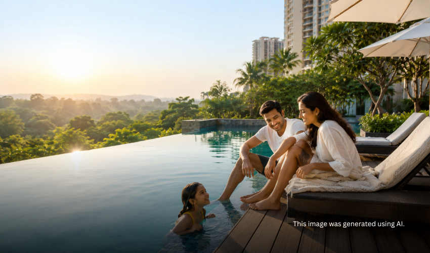 Residents enjoying infinity pool and Miyawaki forest greens on the Vivere Goregaon West amenity deck